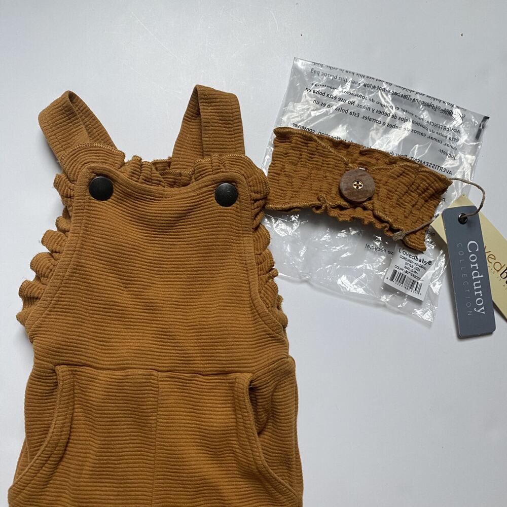 NEW L'ovedbaby Butterscotch Mustard Yellow Corduroy Romper Overalls Headband